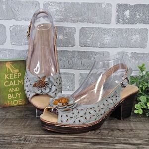 Patrizia By Spring Step Blue Gray Floral Leather Slingback Sandals EU 41 10 Boho